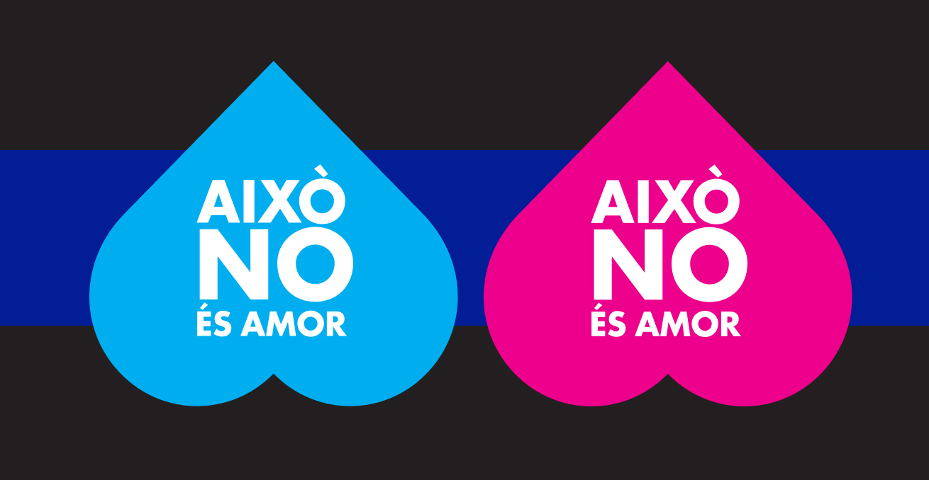 Logotip de la Campanya "Això no és amor" amb dos cors cap avall, un blau a l'esquerra i un rosa a la dreta, sobre un fons negre i blau fosc.