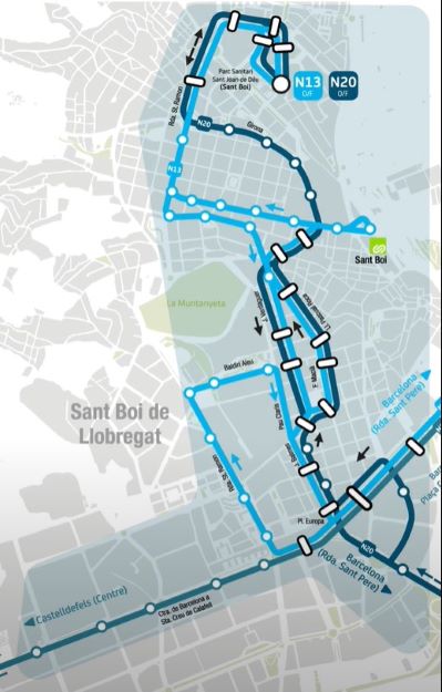 Mapa del recorregut de les línies del Nitbus a Sant Boi on es pot demanar baixar a prop de la destinació