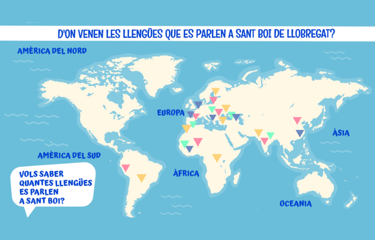 Mapamundi de la localització de les llengües detectades de Sant Boi 