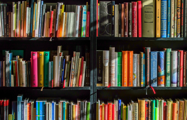 Llibres de colors en una prestatgeria