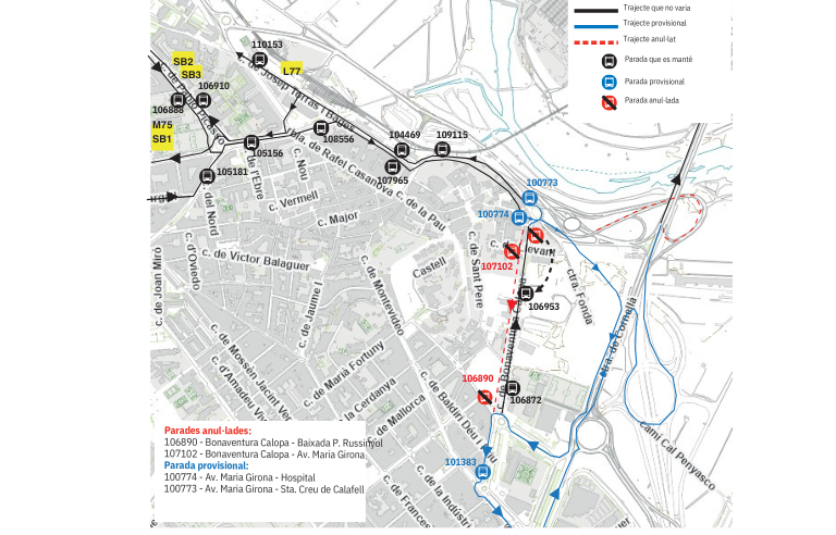 Mapa recorregut SB1, SB2, SB3, L77 i M75