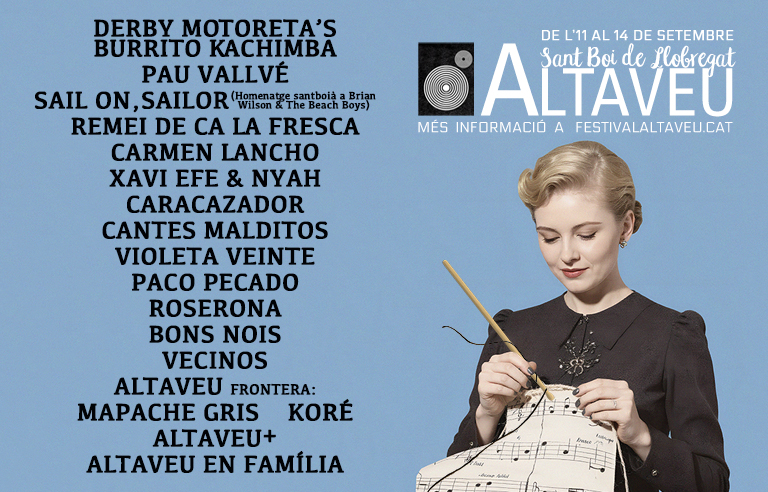 Cartell del Festival Altaveu 2025, que serà de l'11 al 14 de setembre amb: Derby Motoreta's Burrito Kachimba, Pau Vallvé, Sail, On Sailor (homenatge santboià a Brian Wilson & The Beach Boys), Remei de Ca La Fresca, Carmen Lancho, Xavi Efe & Nyah, Caracazador, Cantes Malditos, Violeta Veinte, Paco Pecado, Roserona, Bons Nois, Vecinos, Altaveu Frontera amb Mapache Gris i Koré i les activitats Altaveu més i Altaveu en Família