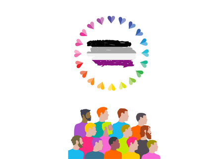 Persones amb diferents colors, amb la bandera de l'asexualitat envoltada de cors amb colors irisats