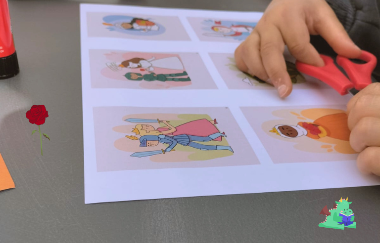 Imatges d'una princesa i un cavaller amb unes mans infantils que sostenen uns tisores 