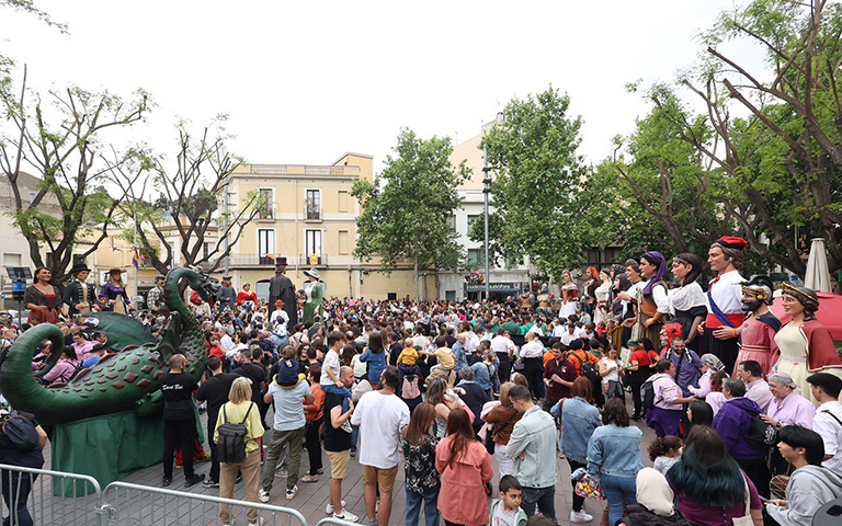 plaça de l'Ajuntament plena de gegants i persones