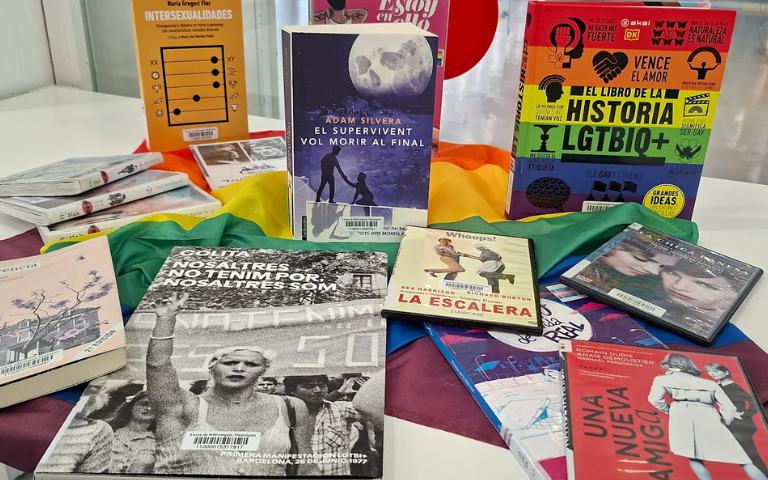 Llibres i documents LGTBI+ exposats a una taula